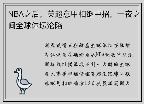 NBA之后，英超意甲相继中招，一夜之间全球体坛沦陷