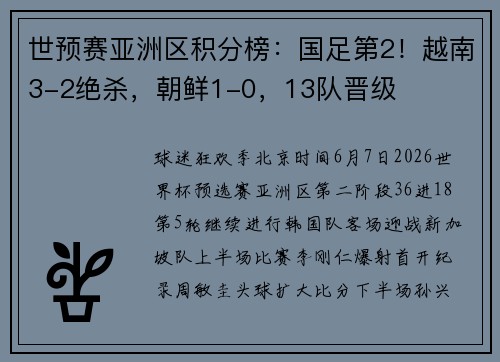 世预赛亚洲区积分榜：国足第2！越南3-2绝杀，朝鲜1-0，13队晋级